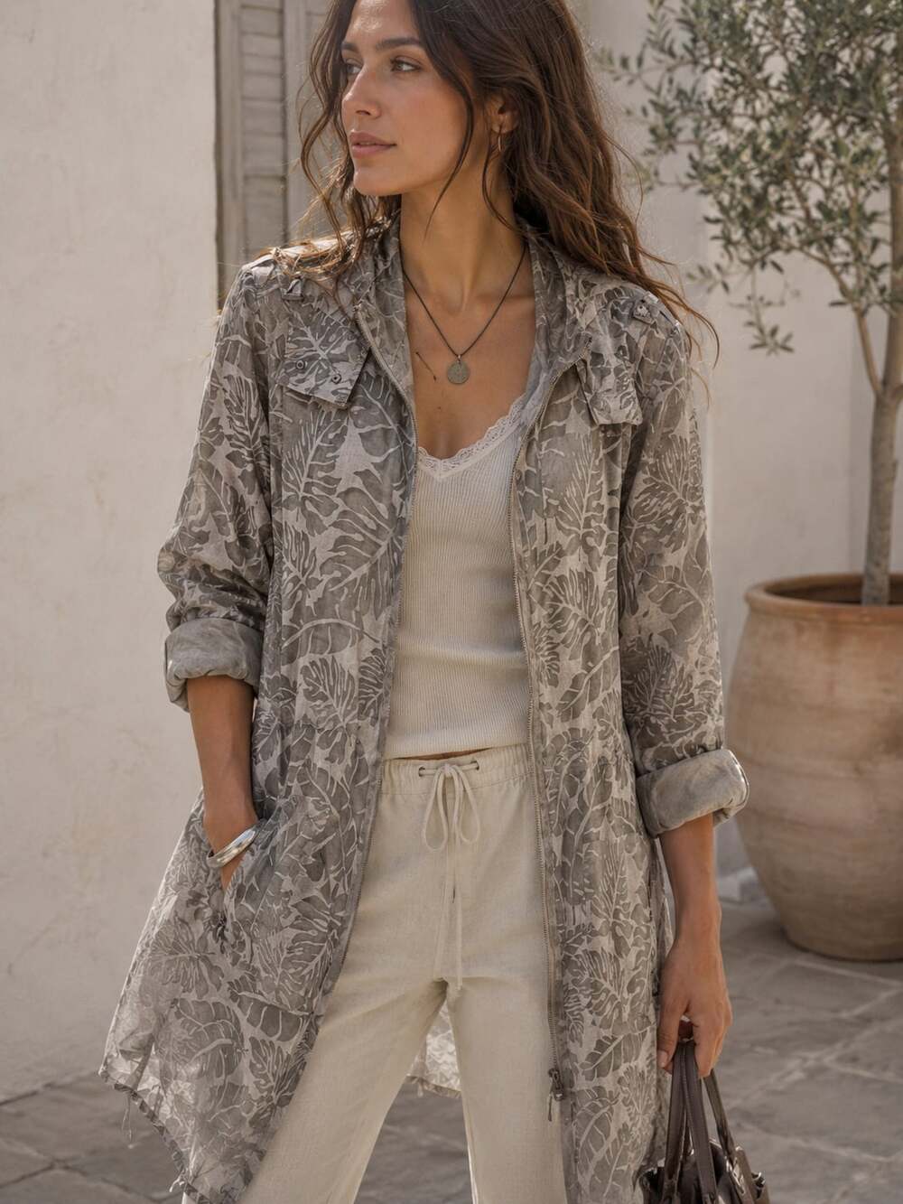 ZAC Zac Posen Kelly Sheer Burnout Floral Hooded Duster Jacket Sand XL NWT